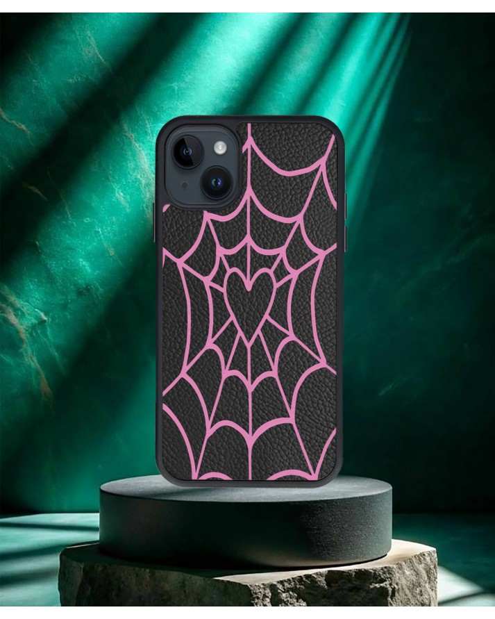 Kalp Örümcek Ağı Baskılı Siyah Deri Telefon Kılıfı
