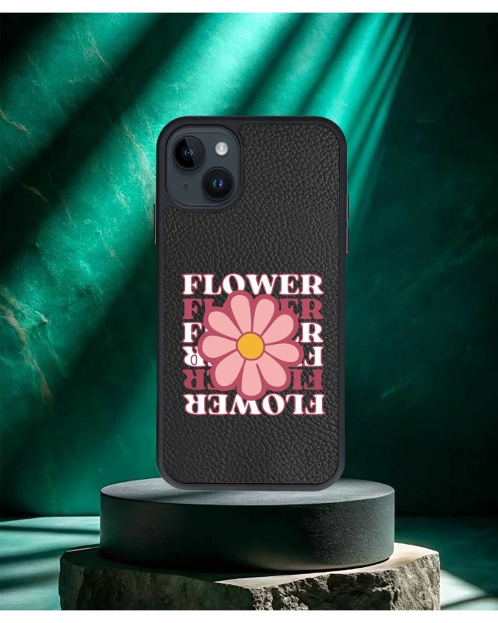 Çiçek Baskılı Siyah Deri Telefon Kılıfı