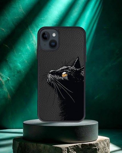 Kedi Baskılı Siyah Deri Telefon Kılıfı