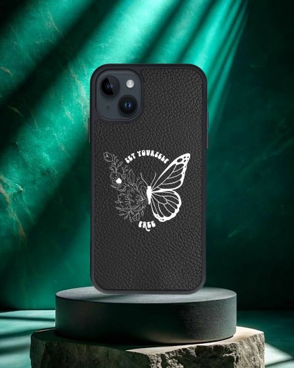 Kelebek Baskılı Siyah Deri Telefon Kılıfı