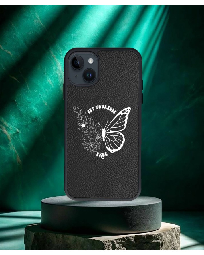 Kelebek Baskılı Siyah Deri Telefon Kılıfı