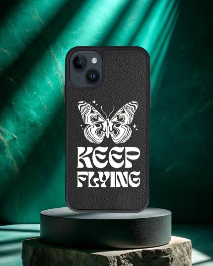 Kelebek Baskılı Siyah Deri Telefon Kılıfı