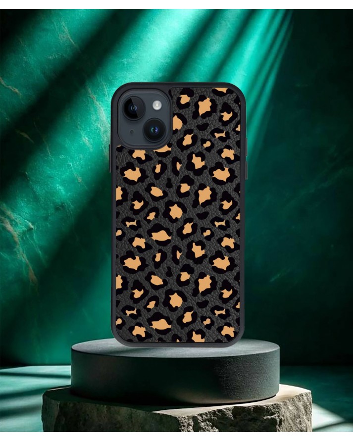 Leopar Baskılı Siyah Deri Telefon Kılıfı