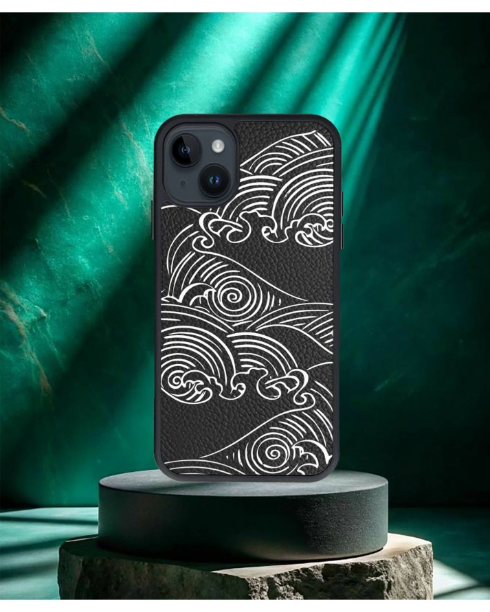 Design Baskılı Siyah Deri Telefon Kılıfı