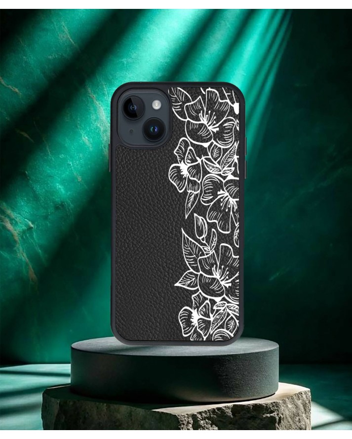 Design Baskılı Siyah Deri Telefon Kılıfı