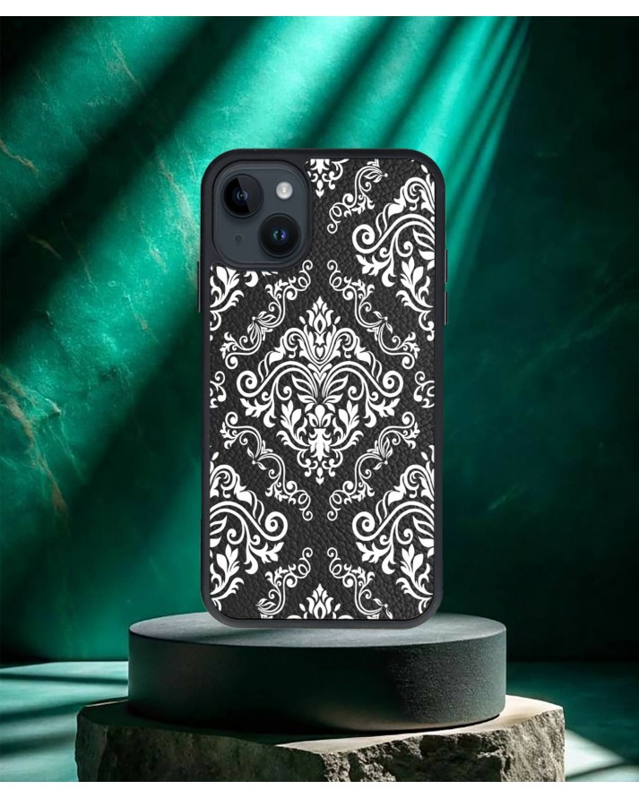 Design Baskılı Siyah Deri Telefon Kılıfı