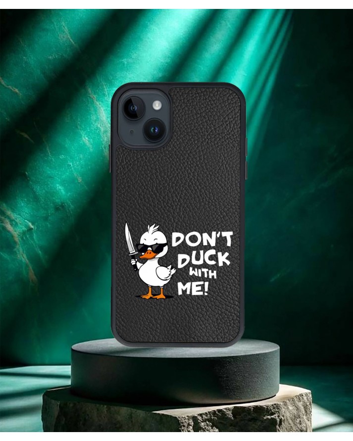 Don't Duck With Me Baskılı Siyah Deri Telefon Kılıfı