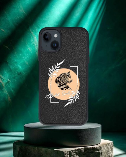 Panter Baskılı Siyah Deri Telefon Kılıfı
