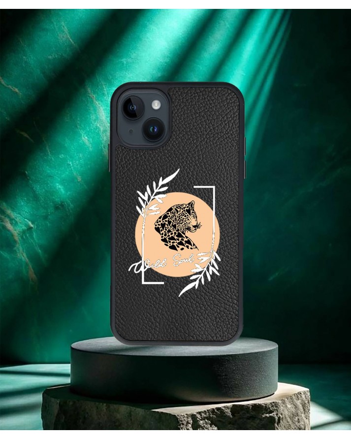 Panter Baskılı Siyah Deri Telefon Kılıfı