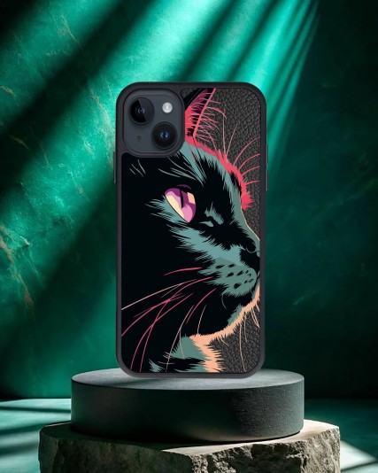 Kedi Baskılı Siyah Deri Telefon Kılıfı