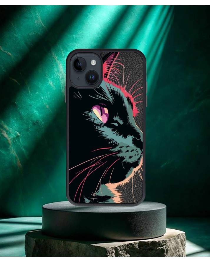 Kedi Baskılı Siyah Deri Telefon Kılıfı