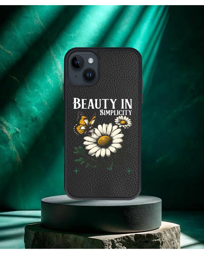 Papatya Baskılı Siyah Deri Telefon Kılıfı