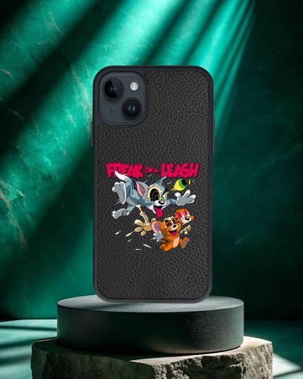  Tom ve Jerry Baskılı Siyah Deri Telefon Kılıfı