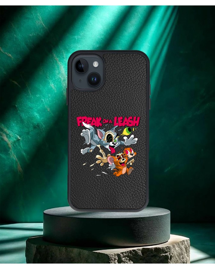  Tom ve Jerry Baskılı Siyah Deri Telefon Kılıfı