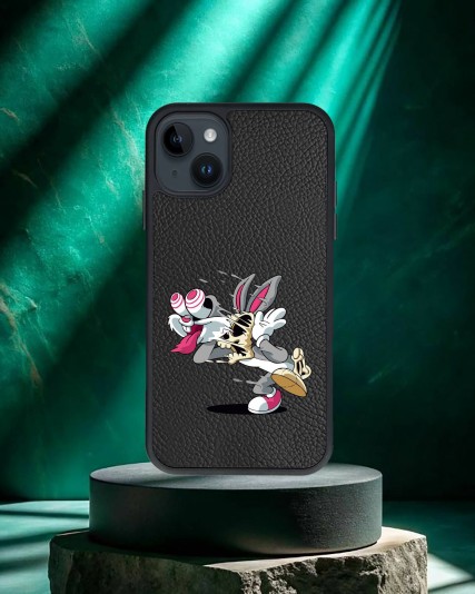 Bugs Bunny Baskılı Siyah Deri Telefon Kılıfı