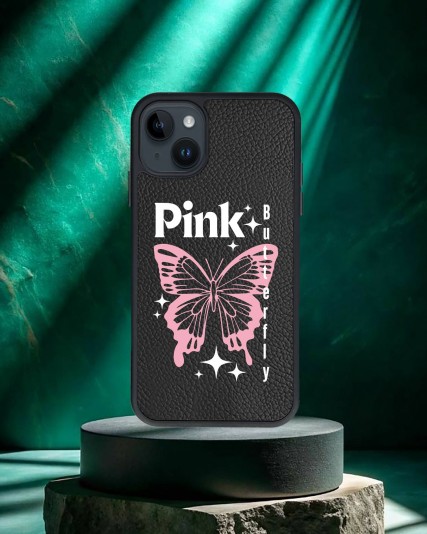 Kelebek Baskılı Siyah Deri Telefon Kılıfı