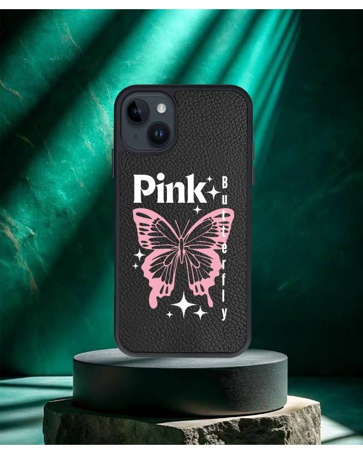 Kelebek Baskılı Siyah Deri Telefon Kılıfı