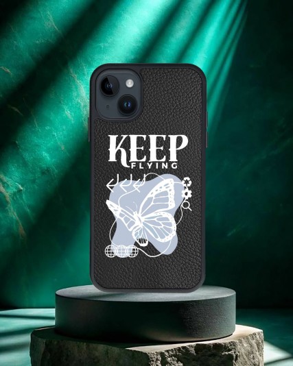 Kelebek Baskılı Siyah Deri Telefon Kılıfı