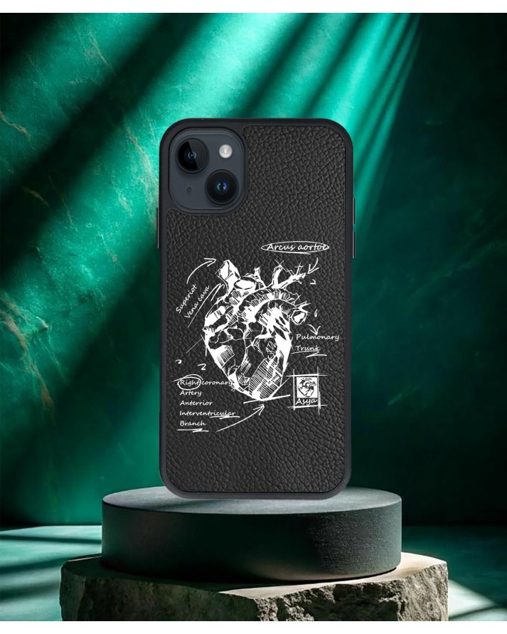 Kalp Baskılı Siyah Deri Telefon Kılıfı