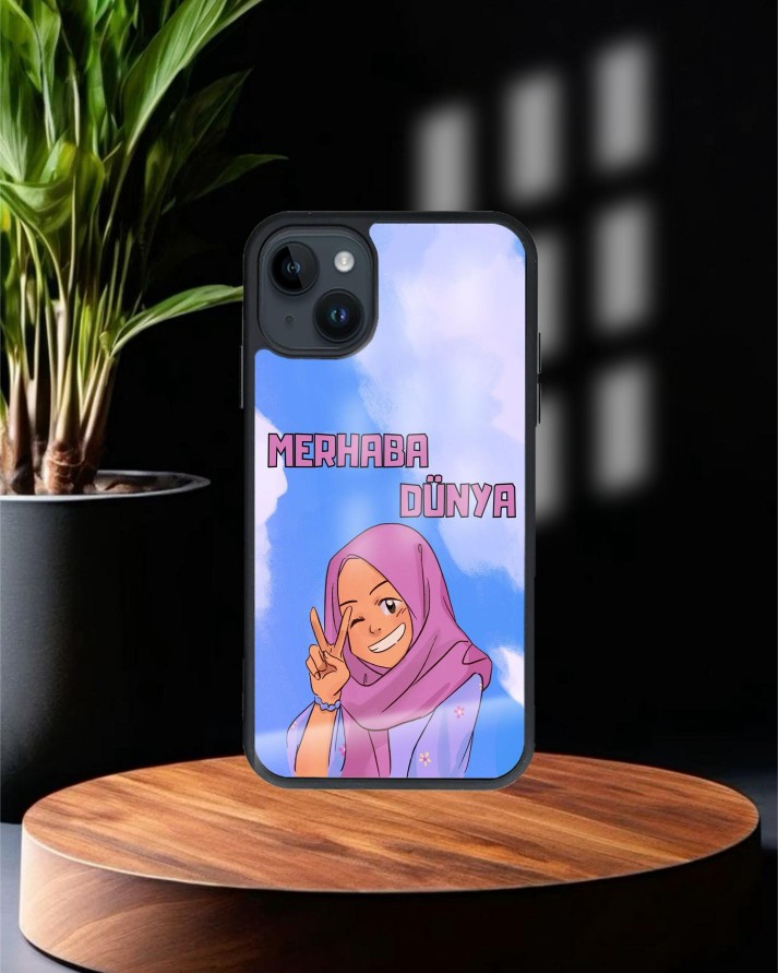 Merhaba Dünya Baskılı Siyah Cam Telefon Kılıfı
