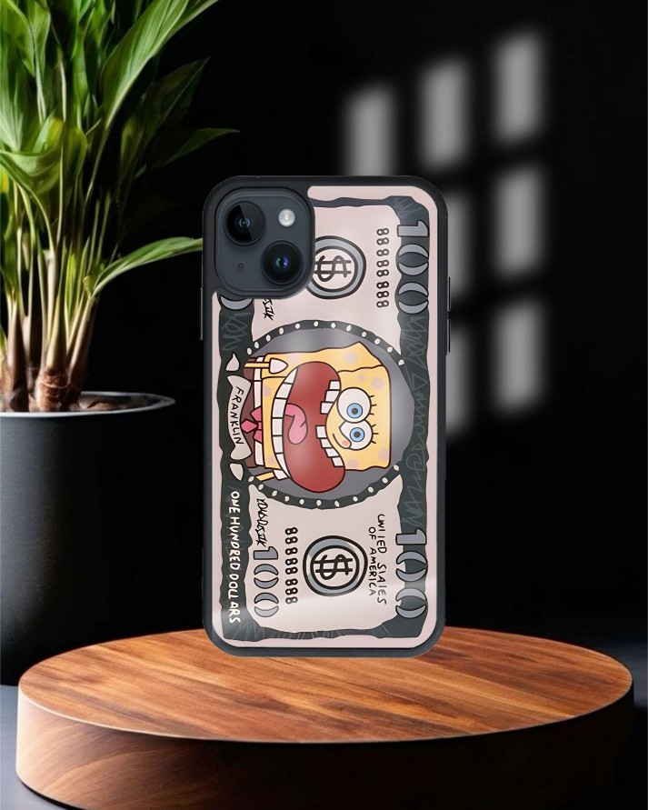 SüngerBob Dolar Baskılı Siyah Cam Telefon Kılıfı