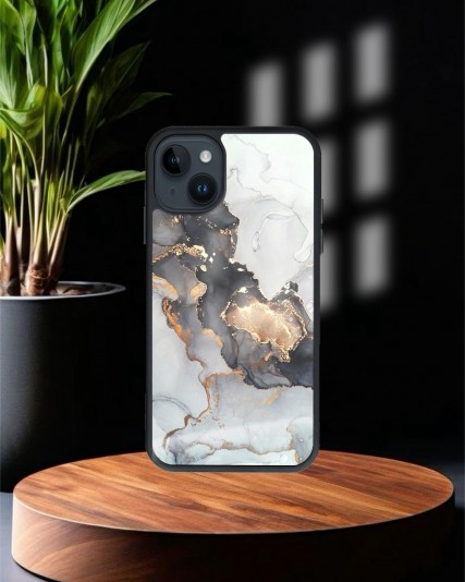 Mermer Baskılı Siyah Cam Telefon Kılıfı