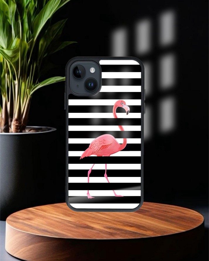 Flamingo Baskılı Siyah Cam Telefon Kılıfı