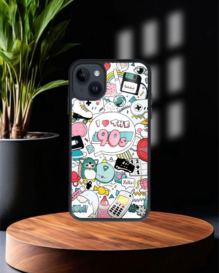 90'S Baskılı Siyah Cam Telefon Kılıfı