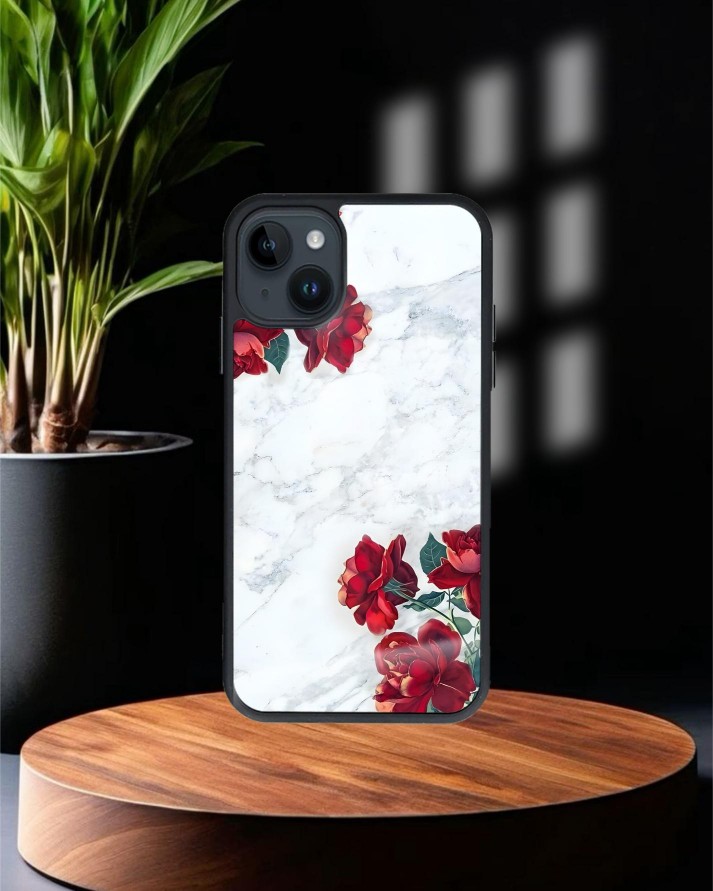 Mermer Gül Baskılı Siyah Cam Telefon Kılıfı