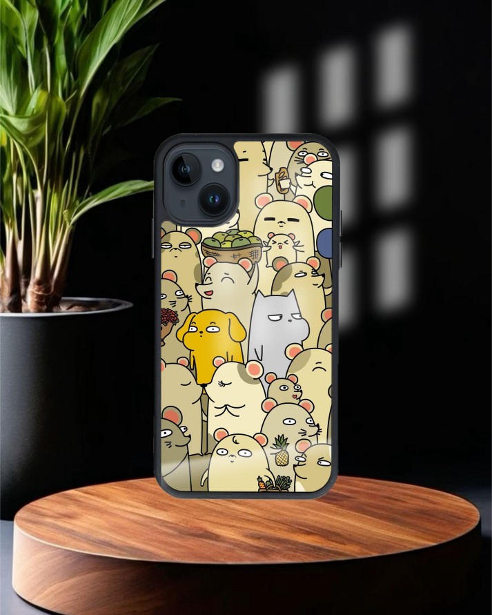 Kedi Köpek Fare Baskılı Siyah Cam Telefon Kılıfı