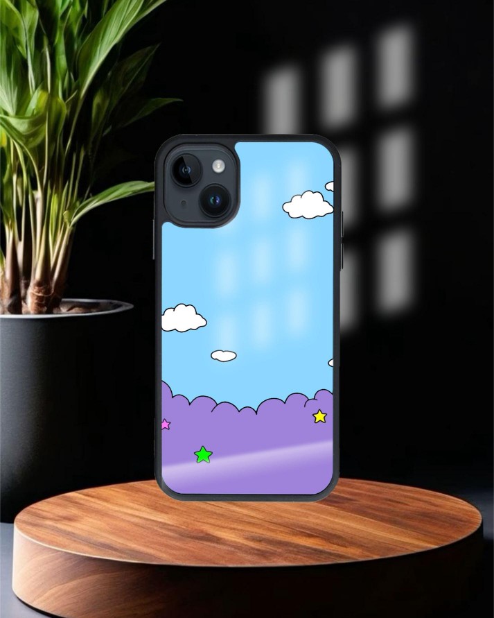 Bulut Baskılı Siyah Cam Telefon Kılıfı