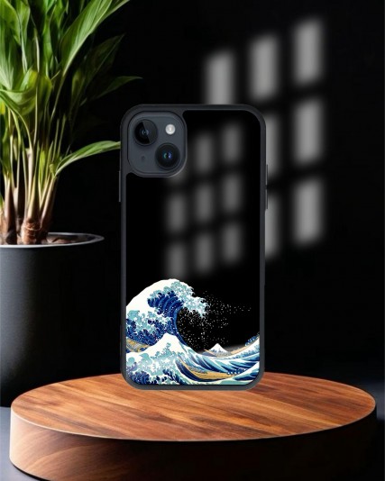 Dalga Baskılı Siyah Cam Telefon Kılıfı