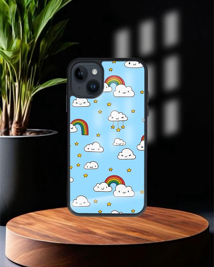 Bulut Gökkuşağı Baskılı Siyah Cam Telefon Kılıfı