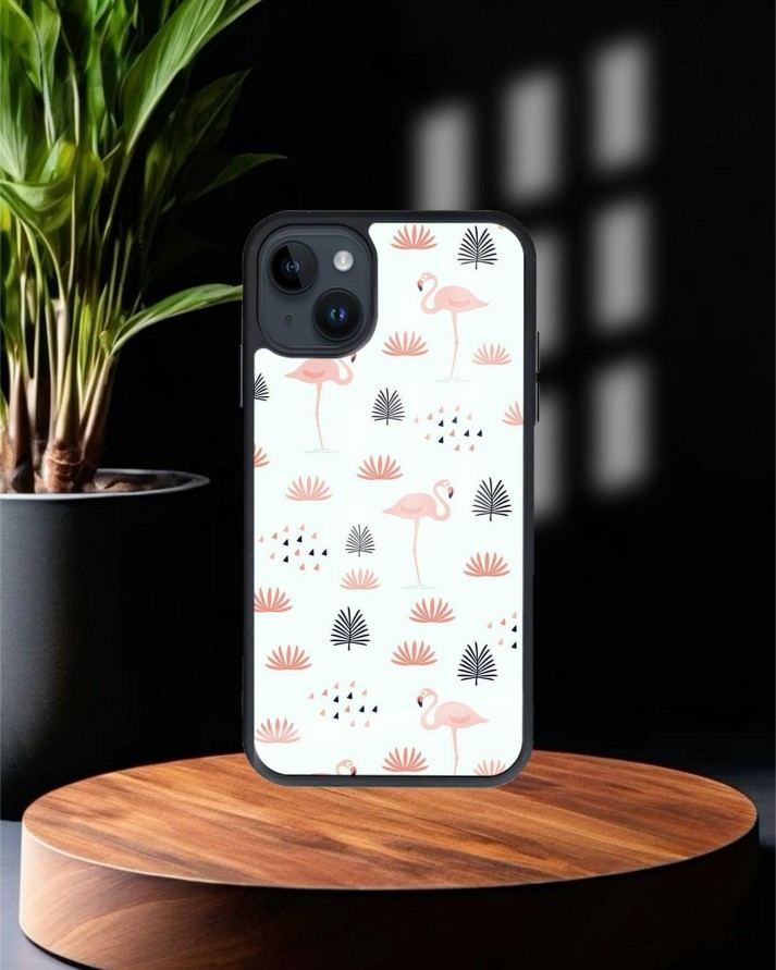 Flamingo Baskılı Siyah Cam Telefon Kılıfı
