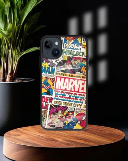 Marvel Baskılı Siyah Cam Telefon Kılıfı