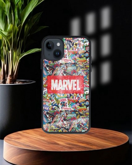 Marvel Baskılı Siyah Cam Telefon Kılıfı