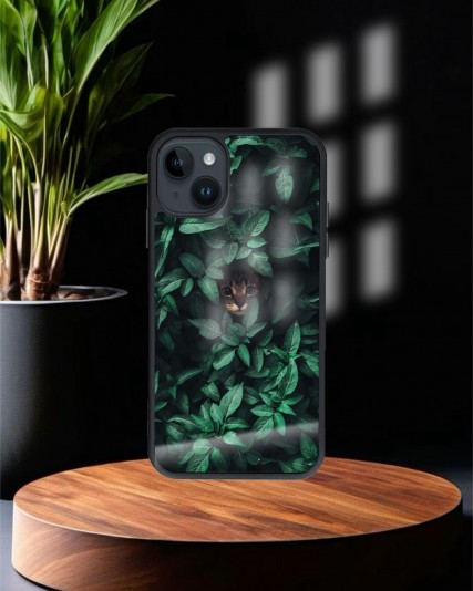 Yaprak Baskılı Siyah Cam Telefon Kılıfı