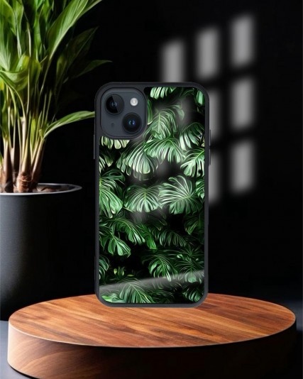 Yaprak Baskılı Siyah Cam Telefon Kılıfı