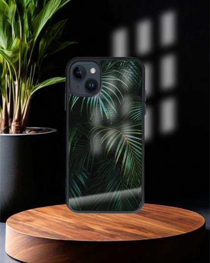 Yaprak Baskılı Siyah Cam Telefon Kılıfı