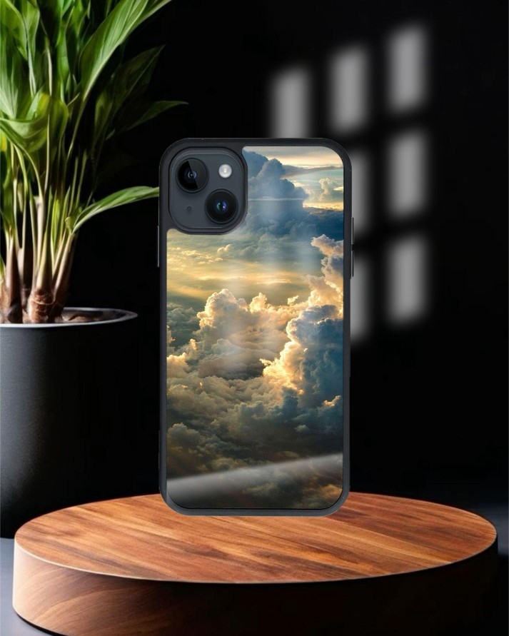 Bulut Baskılı Siyah Cam Telefon Kılıfı