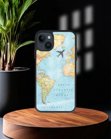 Harita Baskılı Siyah Cam Telefon Kılıfı