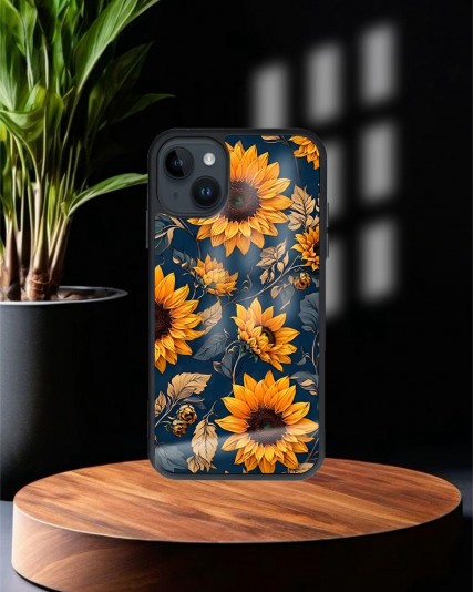 Çiçek Baskılı Siyah Cam Telefon Kılıfı