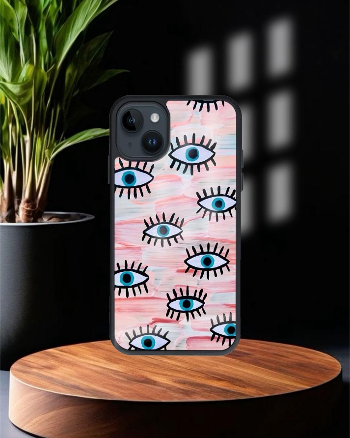 Göz Baskılı Siyah Cam Telefon Kılıfı