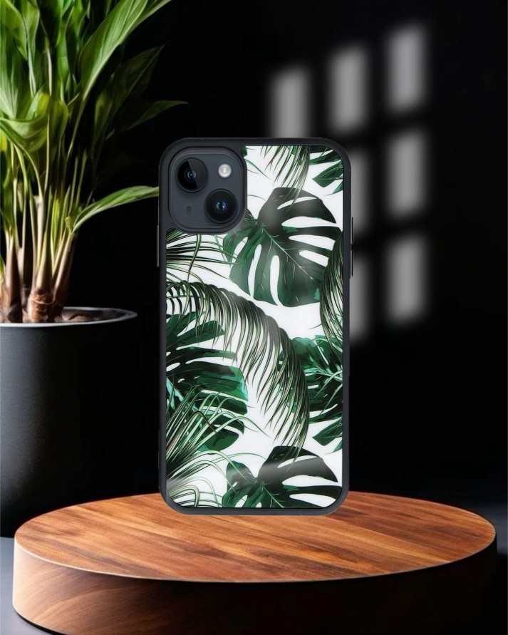 Yaprak Baskılı Siyah Cam Telefon Kılıfı