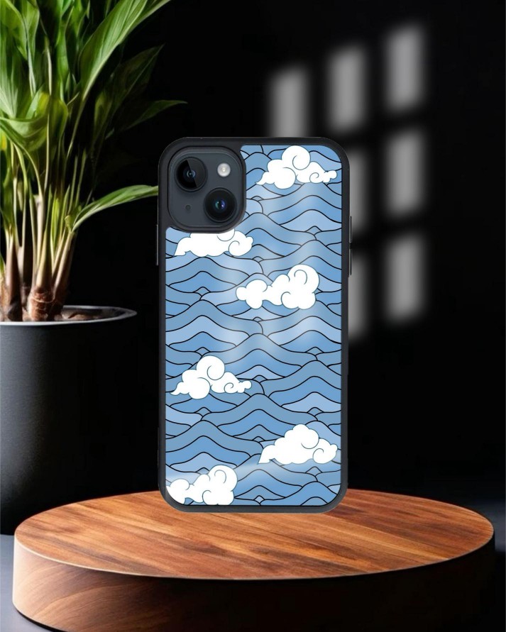 Bulut Baskılı Siyah Cam Telefon Kılıfı