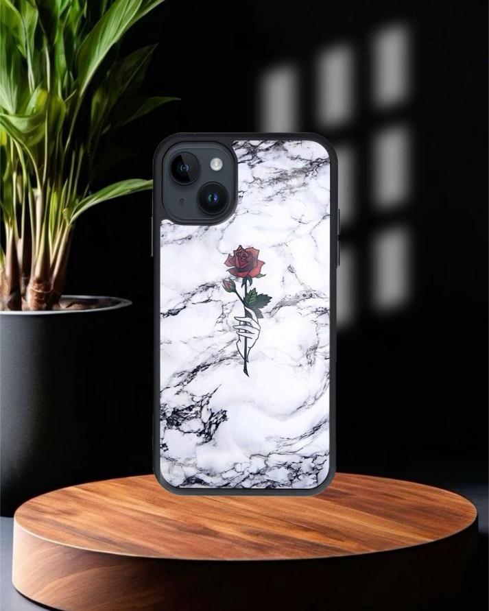 Mermer Gül Baskılı Siyah Cam Telefon Kılıfı