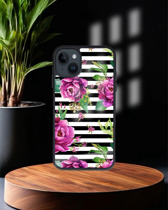 Çizgili Çiçek Baskılı Siyah Cam Telefon Kılıfı