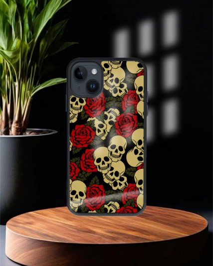 Gül Kuru Kafa Baskılı Siyah Cam Telefon Kılıfı