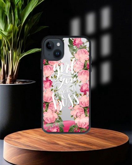 Çiçek Baskılı Siyah Cam Telefon Kılıfı